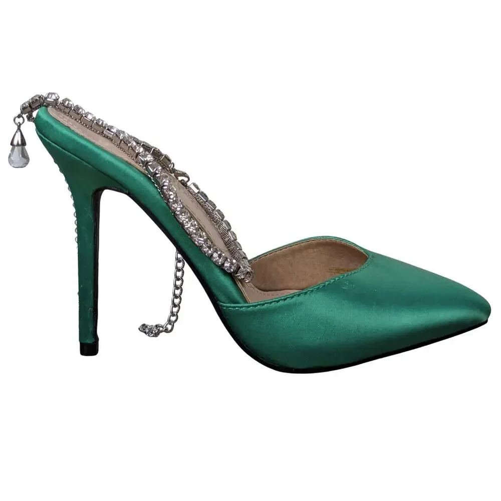 Azalea Wang Ashley Stiletto Heels 6 Green Rhinestone Ankle Strap Pointed Toe